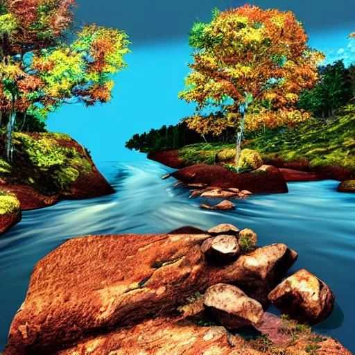 Image similar to a beautiful landscape, river, rocks, trees, glitch, glitchy, vhs