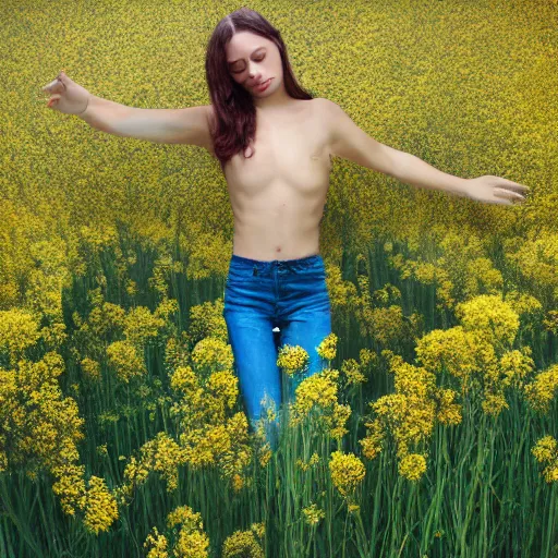 Image similar to hyper realistic photo human body made of golden wild flowers