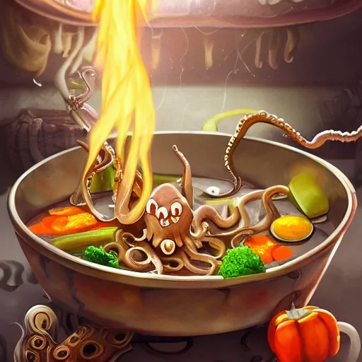 Image similar to octopus cooking soup among clouds, stirring a pot with a ladle and cutting vegetables, fantasy illustration, trending on artstation, deviantart, very realistic, 4k