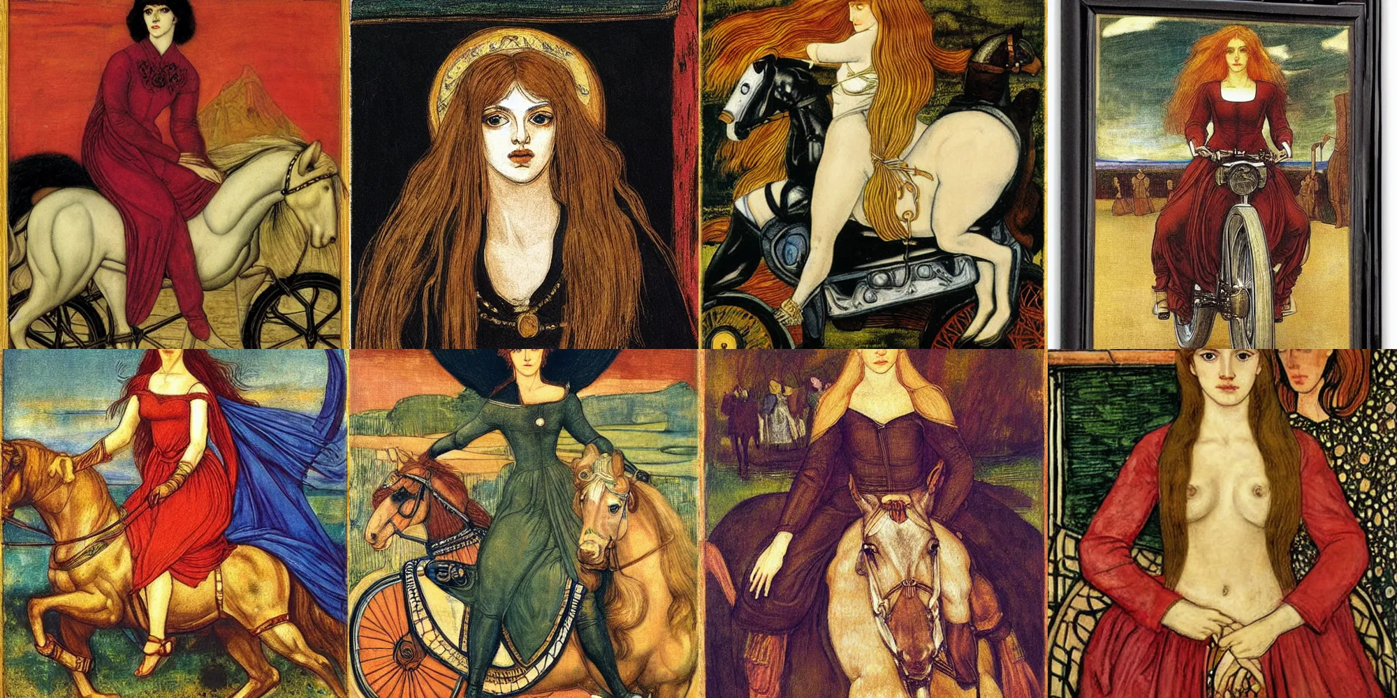 Prompt: a painting of lady godiva on a motorcycle motorbike by dante gabriel rossetti, perfect symmetrical face