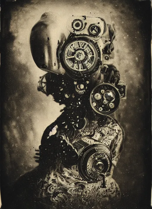 Prompt: old wetplate daguerreotype portrait of the birth of a masked dangerous super villain, explosion of data fragments, fractal, intricate, elegant, highly detailed, parallax, leica, medium format, subsurface scattering, by jheronimus bosch and greg rutkowski and louis jacques mande daguerre