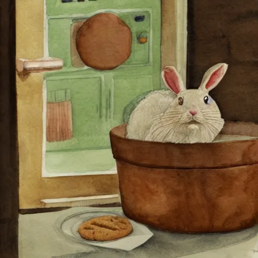 Image similar to a rabbit baking cookies in a kitchen, watercolour realism