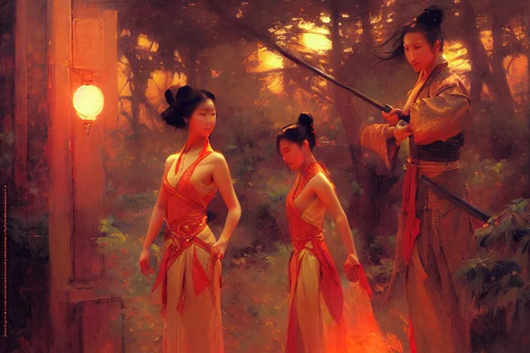 Prompt: wuxia, summer, neon light, painting by gaston bussiere, craig mullins, j. c. leyendecker