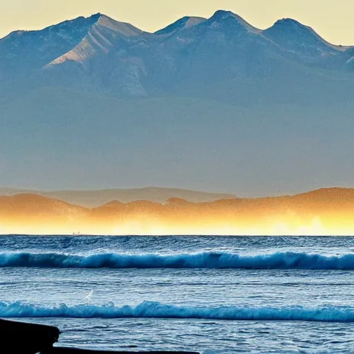 Prompt: A beach with mountains. The tallest peaks reach nearly to the sky. Ahead, in the distance, a blue-green sea stretches out for miles and miles until it fades into infinity. Surfers are riding the waves as they break against the shore. As the sun sets over the horizon, the light casts shadows across the water. A lone figure walks along the ocean's edge while looking at the distant land that lay beyond.