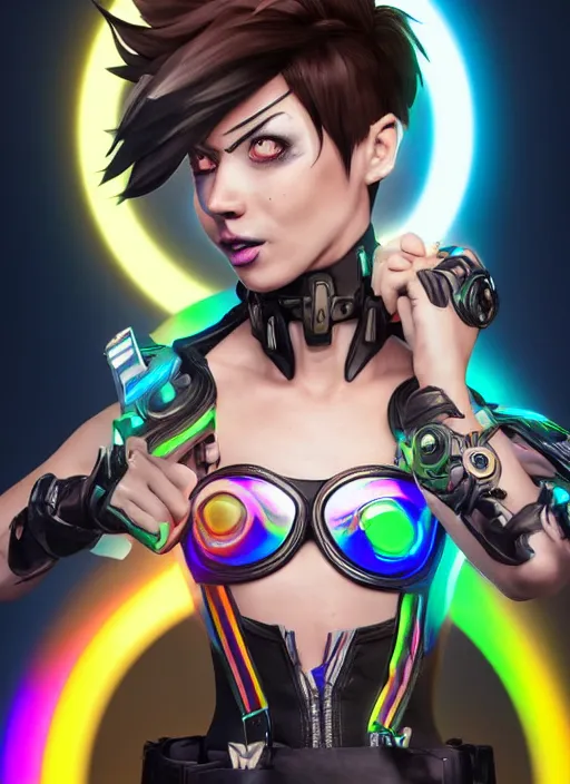 Image similar to portrait bust digital artwork of tracer overwatch, wearing black iridescent rainbow latex tank top, 4 k, expressive happy smug expression, makeup, in style of mark arian, angel wings, wearing detailed black leather collar, chains, black leather harness, detailed face and eyes,