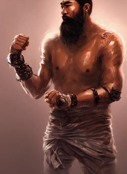 Image similar to a highly detailed illustration of bearded asian man wearing leather jacket with bandaged right hand, focused boxing philly shell stance pose, hands shielding face, intricate, elegant, highly detailed, centered, digital painting, artstation, concept art, smooth, sharp focus, league of legends concept art, WLOP