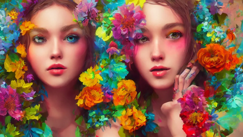 Image similar to stunning colorful mixed media art, female character, flowers, art by cgsociety, 8 k, high resolution