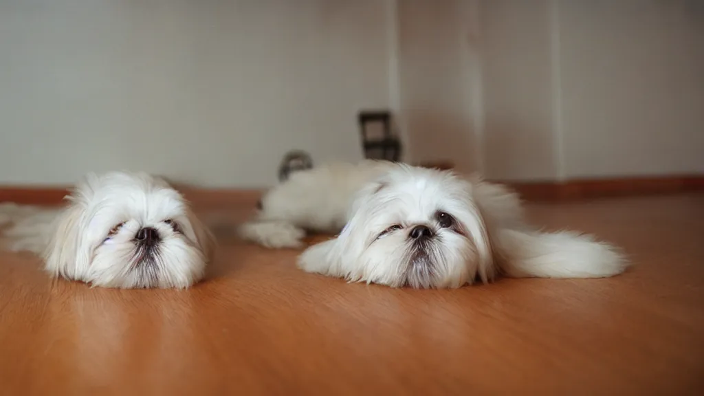 Prompt: white shih tzu dog laying on a hardwood floor, Cinestill 800t film photo