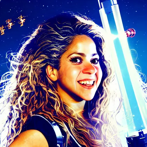 Image similar to of a closeup photo of shakira as a hero sci fi space cosmonaut holding a raygun in a nice action pose, there is an explosion on the background of a space station blowing hair and lighting her with a rim light, she is laughing,, f 2. 8, advertising studio lighting,