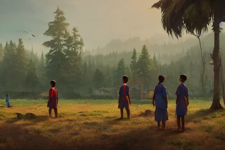 Image similar to kerala school kids wearing gender neutral uniform, an epic fantasy, dramatic lighting, cinematic, establishing shot, extremely high detail, photorealistic, cinematic lighting, artstation, matte painting by simon stalenhag, horizon forbidden west