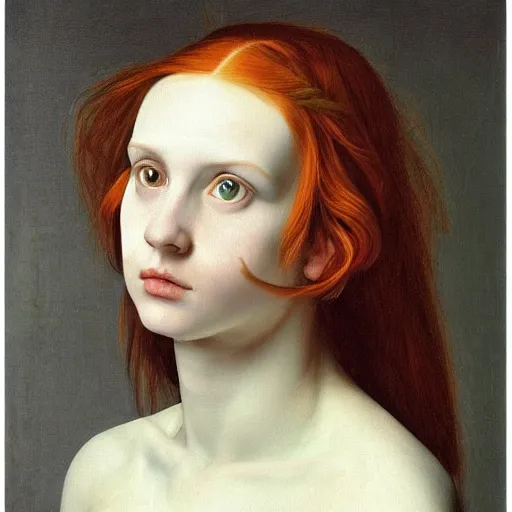Image similar to full body portrait of a red haired girl with a soft smile, with long hair, green eyes, hint of freckles, beautiful round face, pale skin, highly detailed, deep focus, smooth, sharp focus, golden ratio, dramatic illumination, ultra realistic, 8 k, painting art by artemisia lomi gentileschi and caravaggio