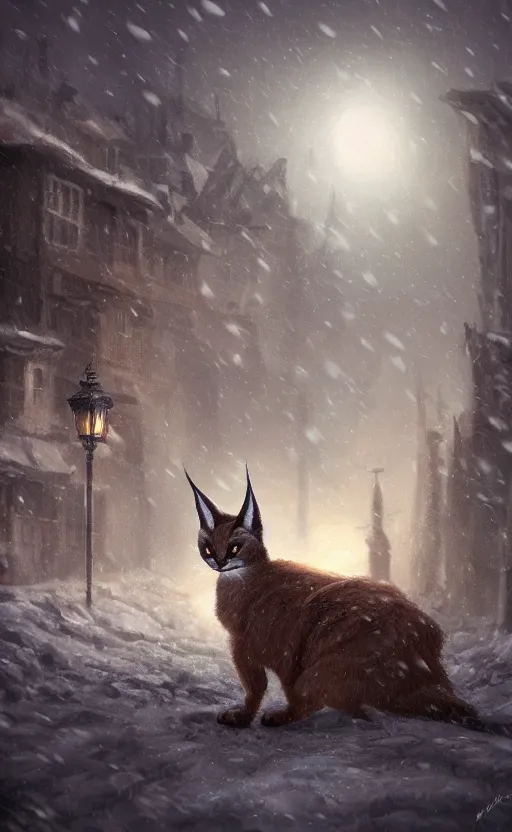 Prompt: cute fluffy caracal, a blurry ambient lantern in the distance of a snowy village at night, dynamic lighting, ambient lighting, atmospherical, photorealistic fantasy concept art, trending on art station, stunning visuals, creative, cinematic, ultra detailed