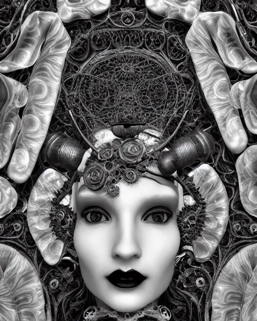 Image similar to mythical dreamy black and white organic bio-mechanical spinal ribbed profile face portrait detail of translucent steampunk beautiful siamese females angelic-human-queen-vegetal-cyborg, highly detailed, intricate trnaslucent ivy jelly ornate, poetic, translucent roses ornate, 3D render, digital art, octane render, 8K artistic photography, photo-realistic, by Dora Maar