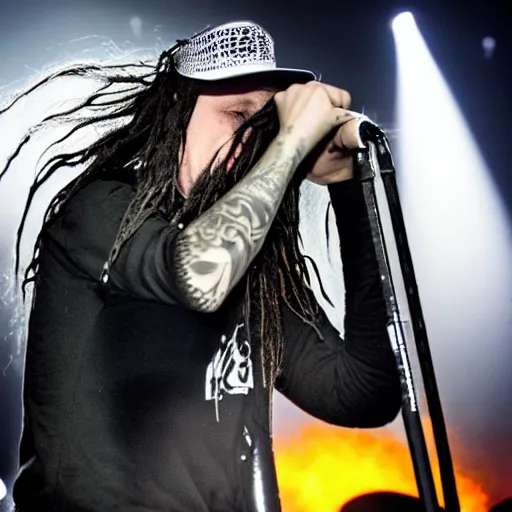 Prompt: korn plays in a concert wearing birthday hats