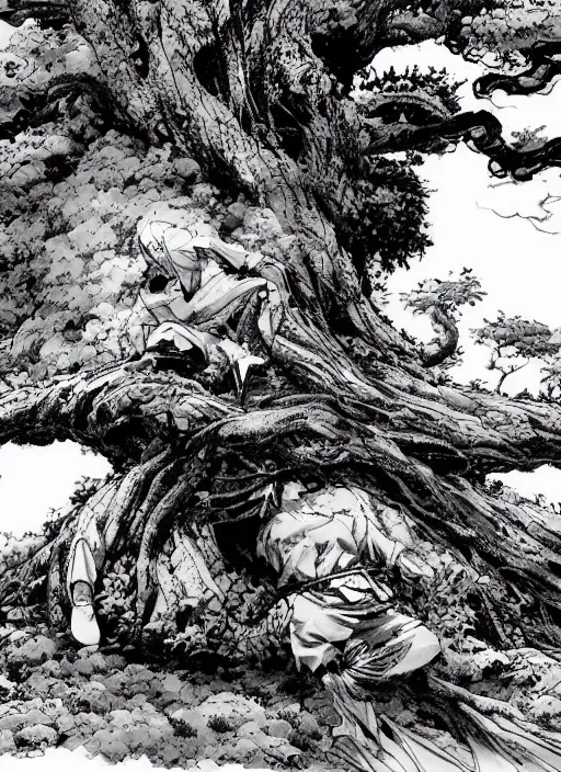 Image similar to a samurai resting beneath a giant tree, by takehiko inoue and kim jung gi and hiroya oku, masterpiece ink illustration