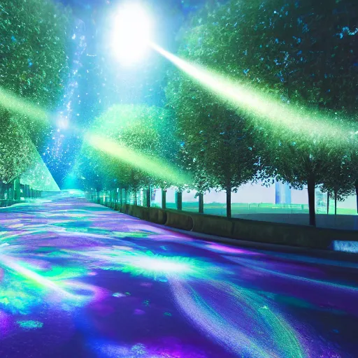 Prompt: space city full of trees and flowers and forest, reflections, anime drones, dispersion materials, rays and dispersion of light, volumetric light, noise film photo, ultra realistic, ultra wide angle, glossy and iridescent materials, render by marc chagall, futurism