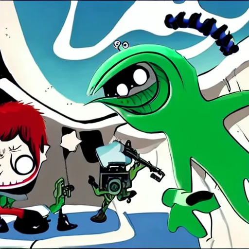 Prompt: Youtube Thumbnail, highly detailed, Gorillaz, Murdoc is being attacked by a squid, Noodle is firing an assault rifle, 2-D is cowering in the background