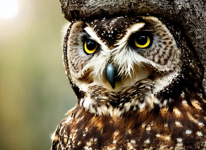 Prompt: an award winning photo of a owl - headed bear, full body portrait, forest, 4 k, wildlife photography, high quality, national geographic