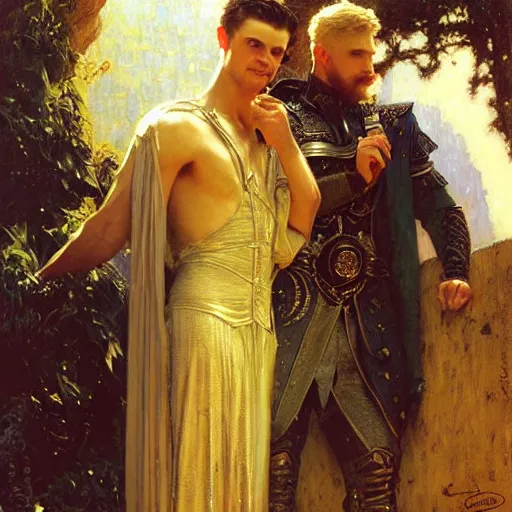 Image similar to attractive arthur pendragon with attractive male merlin the mage. they are in love. highly detailed painting by gaston bussiere, craig mullins, j. c. leyendecker