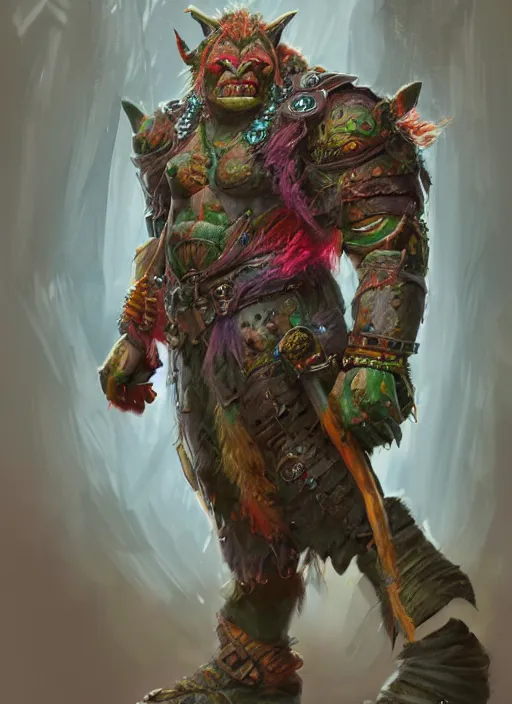 Prompt: detailed full body concept art illustration colorful pastel painting of a Disney warrior orc in full intricate clothing, ultra detailed, digital art, octane render, 4K, dystopian, micro details