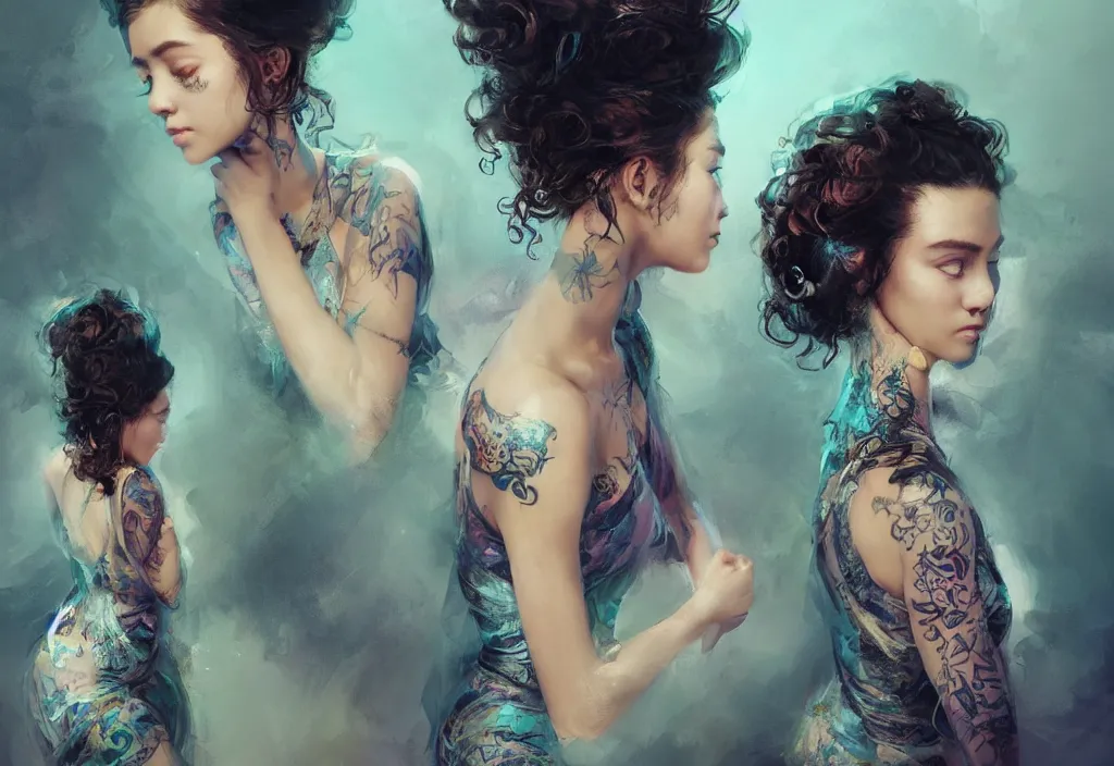 Image similar to full body portrait of a trio of 1 9 years old girl figures, curly messy high bun hairstyle, oriental tattoos, jewelry, subject wearing a high fashion gown, flowing, beautiful, dramatic, cinematic lighting, highly detailed, few vivid turquoise highlights, by ross tran and jeremy mann, artstation, pixiv