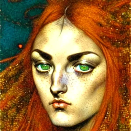 Prompt: an award finning closeup facial portrait by angus mcbride, dante gabriel rossetti, luis royo and john howe of a very beautiful and attractive female bohemian cyberpunk traveller of 1 9 years of age with green eyes and her face full of freckles, clothed in excessively fashionable haute couture musicians gear and wearing vibrant and ornate half - face makeup