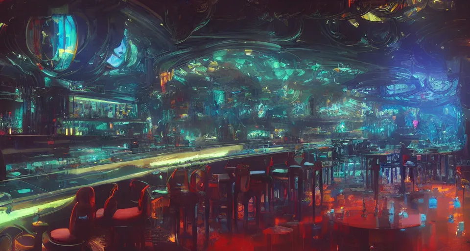 Image similar to futuristic bar interior, intricate, elegant, vivid colors, highly detailed, john park, craig mullins, sparth, ruan jia, jeffrey catherine jones