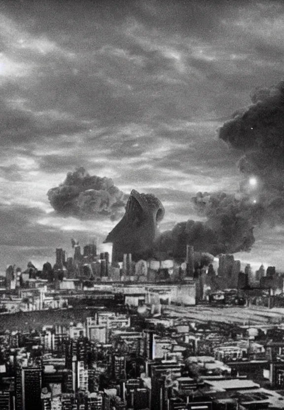 Image similar to Pulgasari the North Korean starfish monster destroying Pyongyang city, volumetric lighting, filmstill, produced by Kim Jong-il, Kodachrome, kaiju-eiga, monster movie, communist propaganda, film noir, 35mm film grain, Cooke Varotal 20-100mm T3.1, monochrome, in the style of Ishirō Honda and Akira Kurosawa