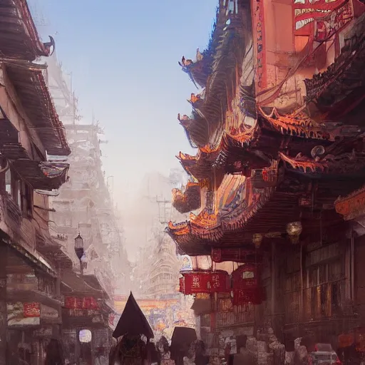 Prompt: concept art, chinatown, by james gurney, greg rutkowski, john howe, artstation