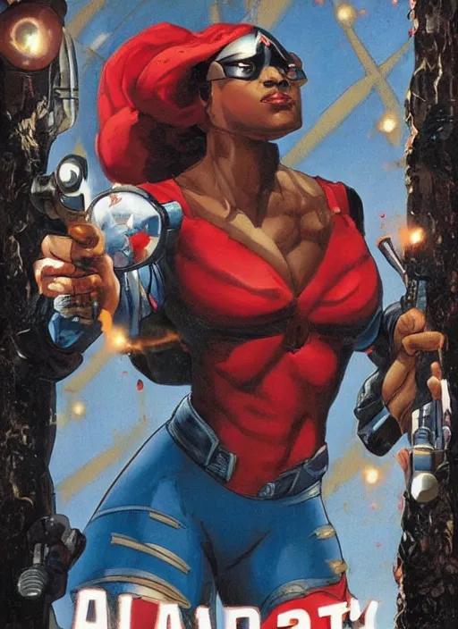 Image similar to beautiful black female captain america. afro - feminist captain america wins wwii. american wwii propaganda poster by james gurney, rob liefeld and pixar. gorgeous face. overwatch, realistic. black power