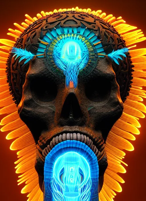 Image similar to 3 d shaman profile portrait, sigma 5 0 0 mm f / 5. beautiful intricate highly detailed quetzalcoatl skull and feathers. bioluminescent, plasma, lava, ice, water, wind, creature, thunderstorm! artwork by tooth wu and wlop and beeple and greg rutkowski, 8 k trending on artstation,