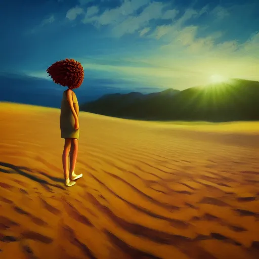 Image similar to closeup giant dahlia flower head, girl walking between dunes, surreal photography, sunrise, blue sky, dramatic light, impressionist painting, digital painting, artstation, simon stalenhag