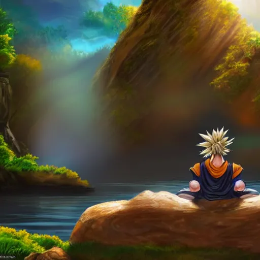 Image similar to photorealistic fantasy concept art of Goku meditating on a rock near a waterfall in front of the sunset, dynamic lighting, cinematic