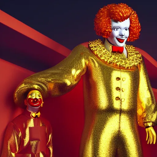 Image similar to A still of Ronald McDonald surrounded by gold and diamonds, Award-winning, photograph, 3d render, unreal engine, 4k detailed