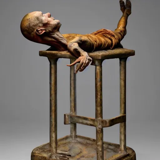 Image similar to hyperrealistic sculpture of a fossilized bronze chinese prisoner on an operating table in a cage on a pedestal, surrounded by surgeons, by duane hanson and lee bontecou and giacometti, patina, hyperrealistic dramatic colored lighting trending on artstation 8 k