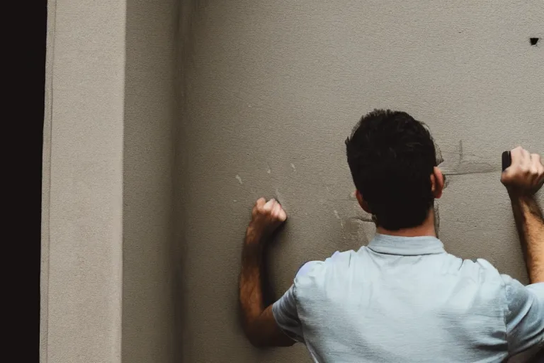 Prompt: an angry man banging on a metal wall