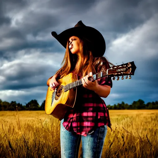 Image similar to a female fluffy fox animal, wearing cowboy hat, wearing plaid shirt, playing guitar, in a field, barn in background, album cover style