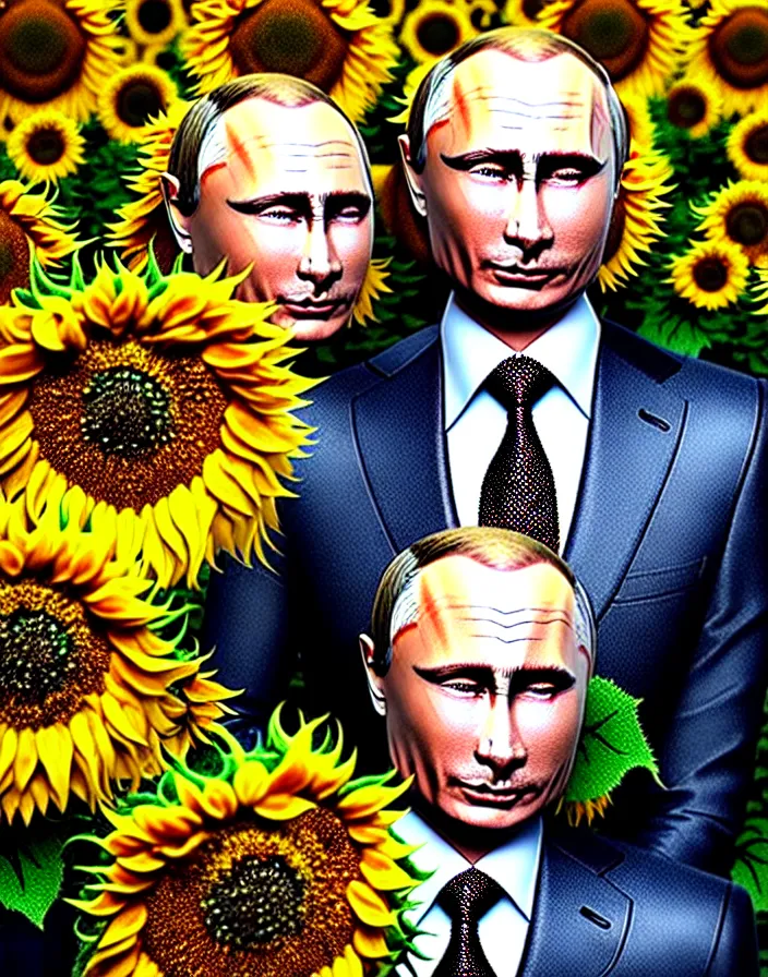 Image similar to photo portrait of Vladimir Putin - sunflowers - dressed in leisure suit with ornamental ethereal sunflower pattern, natural skin tone, highly detailed realistic flowers ornament in the upper side of breast, hair, eyebrows and wrinkles are intricate with highly detailed realistic flowers, elegant, Realistic, Refined, Highly Detailed, natural soft pastel lighting colors scheme, fine art photography by Cecil Beaton, volumetric lighting, hyper realistic photography