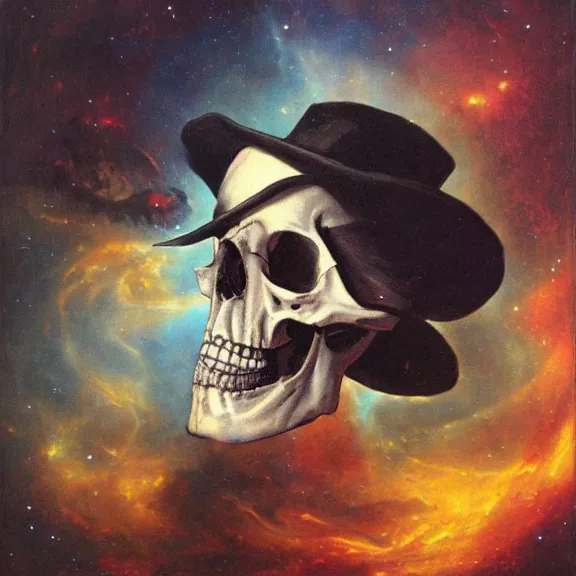 Image similar to grim-hatter, skull cane, voodoo ritual gear, matte painting art from goya and pirner, cursed oil painting, cosmic nebula color tones