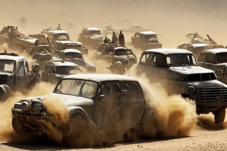 Image similar to epic sandstorm battle, Renault 4 Master cars in the Movie Mad Max: Fury Road (2015