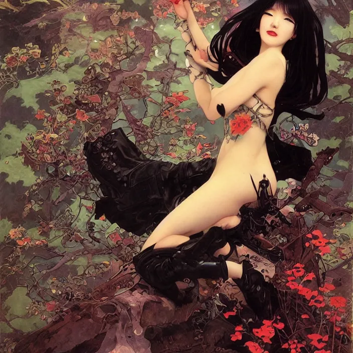 Prompt: korean goth girl, full body, spikes, latex, rubber, rococo, anime aesthetic, chibi, hyperrealistic, detailed, smooth, very smooth, brushwork, digital painting, sharp focus, concept art, fantasy, by james gurney, by alphonse mucha, by bruce pennington, by annie leibovitz