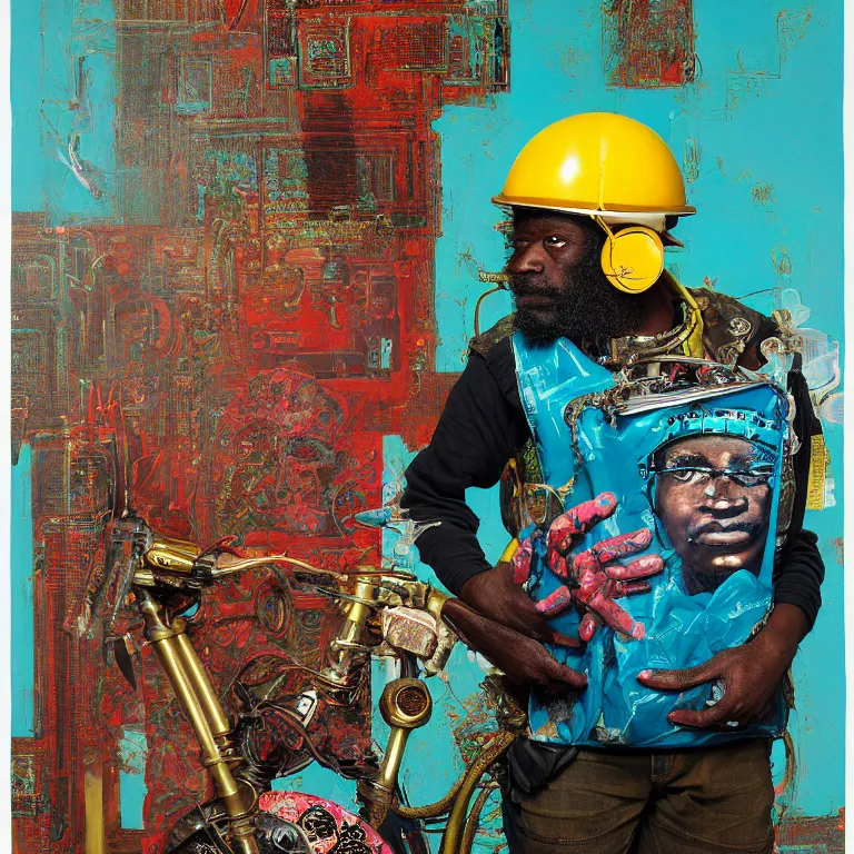 Prompt: portrait of a caribbean welder in ornate motorcycle helmet, background turquoise plastic bag, circuitboard, rich deep colors, ultra detail, by francis bacon, james ginn, petra courtright, jenny saville, gerhard richter, zdzisaw beksinsk, takato yamamoto. stanley kubrick mood, masterpiece, elegant, studio ighting, 3 5 mm