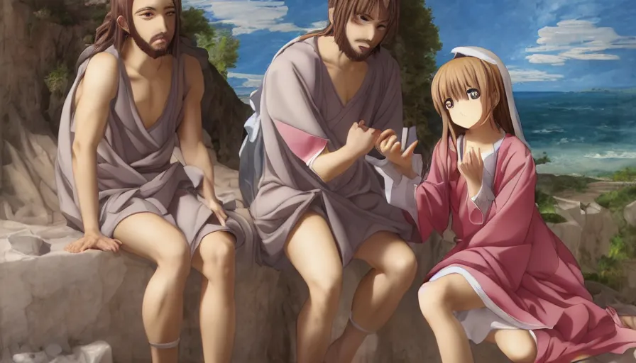 Image similar to jesus christ our lord and savior blessing a cute anime girl, photorealistic, anime, mini skirt, renaissance painting, hyper real, detailed, wide angle shot