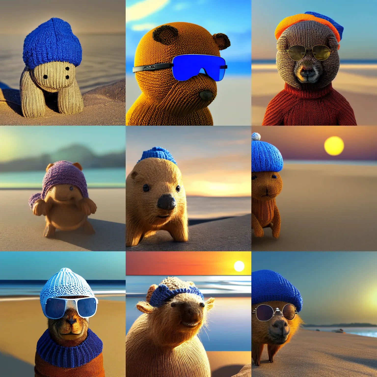 Prompt: a photorealistic picture of a knitted Capybara wearing sunglasses, a blue beanie cap and smiling at the beach during sunset Trending on Artstation, featured on Behance, well-rendered, fine detail, extra crisp image, Unreal Engine, 4K HD