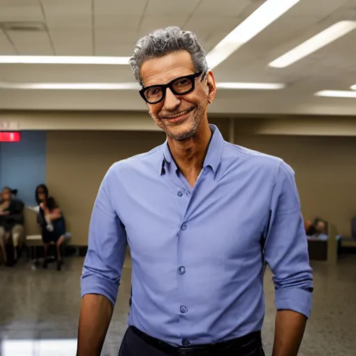 Prompt: jeff goldblum as dr ian malcolm sits in the waiting area of the dmv, shirt unbuttoned, radiant smile. ultra wide shot, photography award, documentary, very detailed face, 4 k