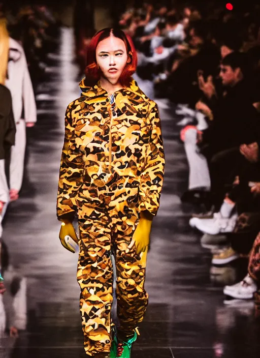 Image similar to hyperrealistic and heavy detailed bape avant garde runway show of movie the fifth element, 1 9 7 0, leica sl 2 5 0 mm, vivid color, high quality, high textured, real life