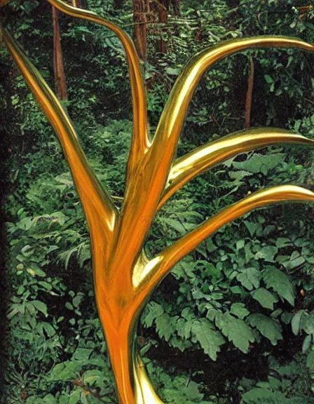 Prompt: vintage color photo of a shiny massive 1 1 0 million years old abstract liquid gold sculpture covered by the jungle vines