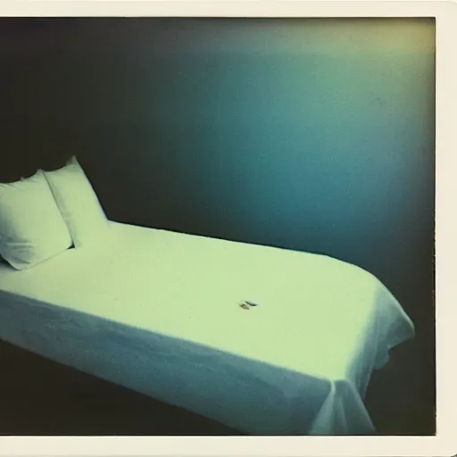 Prompt: grainy Polaroid film photograph of an empty bed with silk sheets floating in the middle of the ocean. super resolution. surreal. Extremely detailed. Polaroid 600 film. by Annie Leibovitz and Richard Avedon