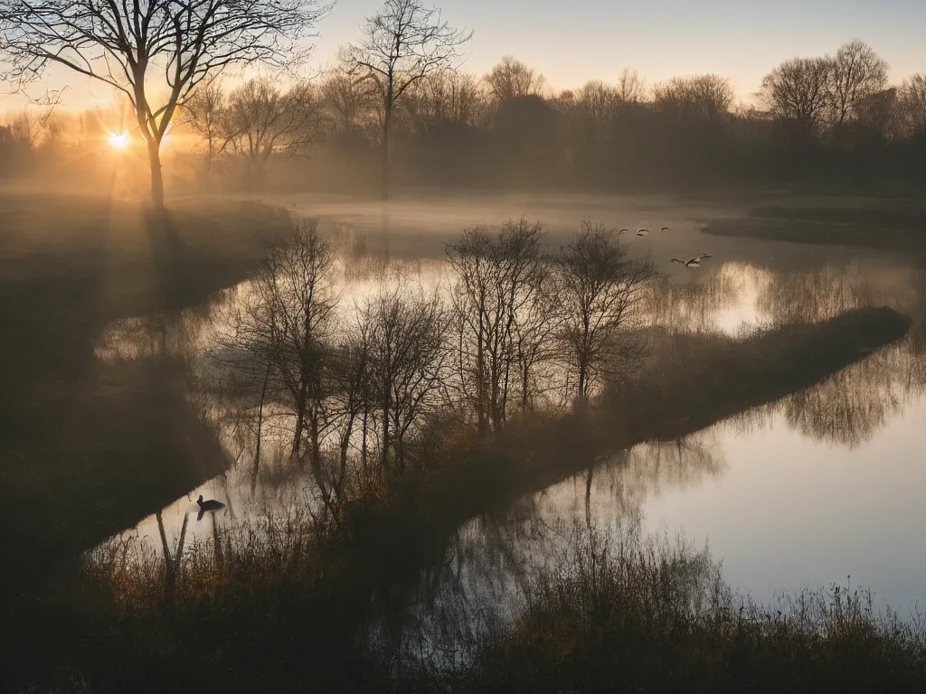 Image similar to A landscape photo taken by Kai Hornung of a river at dawn, misty, early morning sunlight, cold, chilly, two swans swim by, rural, English countryside