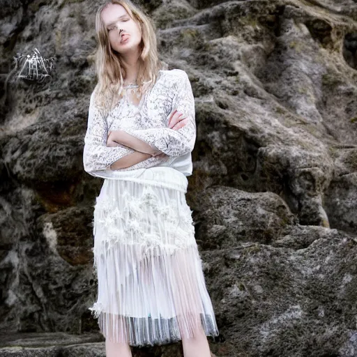 Prompt: antediluvian crystal atlantean hyperborean fashion lace skirt with natural floral motifs, young white - blonde model, sharp focus, outdoors, godrays, dramatic lighting